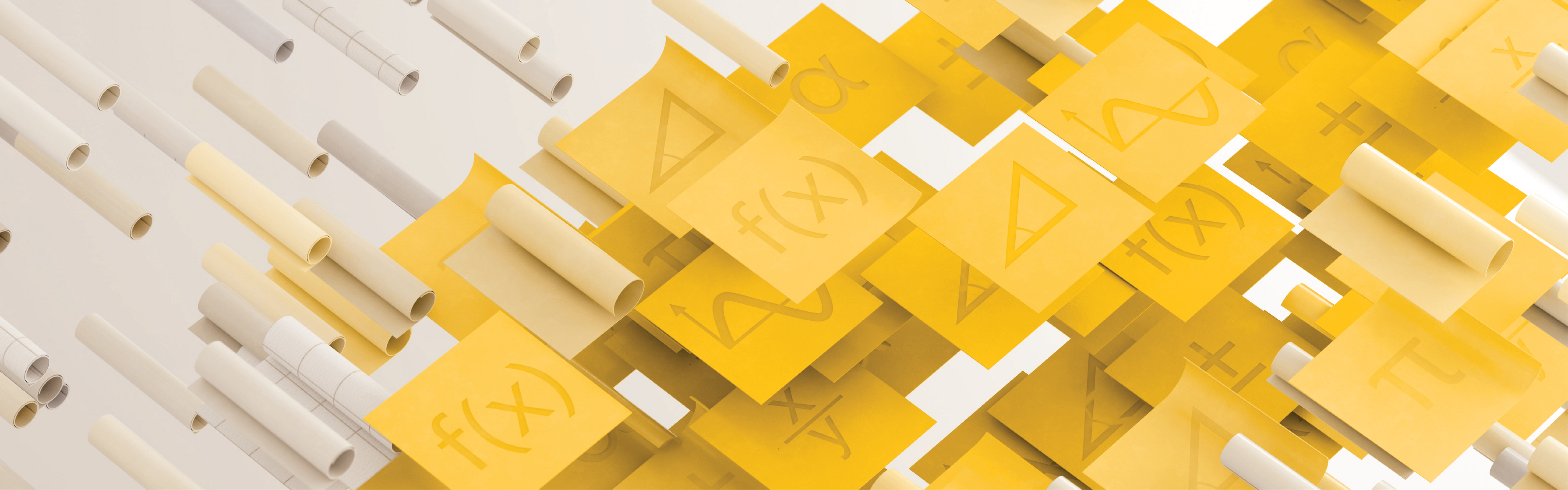 Floating sticky notes with various math symbols: functions, triangle, graph, etc.