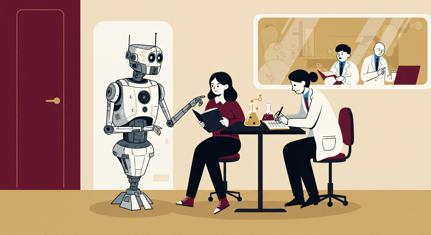 generate an image in a flat illustration style of a droid helping a female student learn. In the background, add two scientists observing behind a window. Use mostly white and black (on a very light tan background), with some gold accents and minimal maroon accents