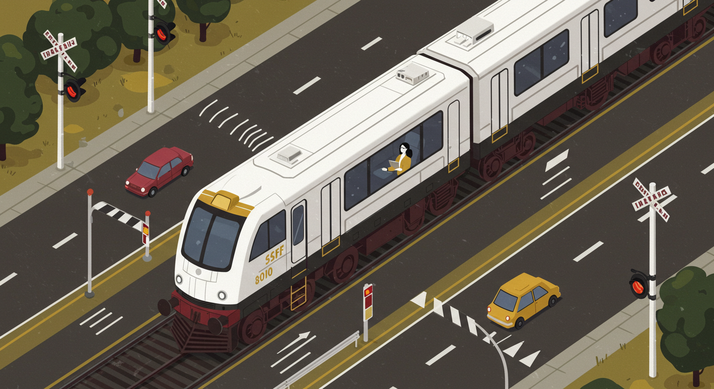 An image of a self driving train engine with a human evaluator inside. Style: flat illustration. Color: White, some black, some maroon, some gold. Context: busy highway street with train crossing. Composition: birds eye view