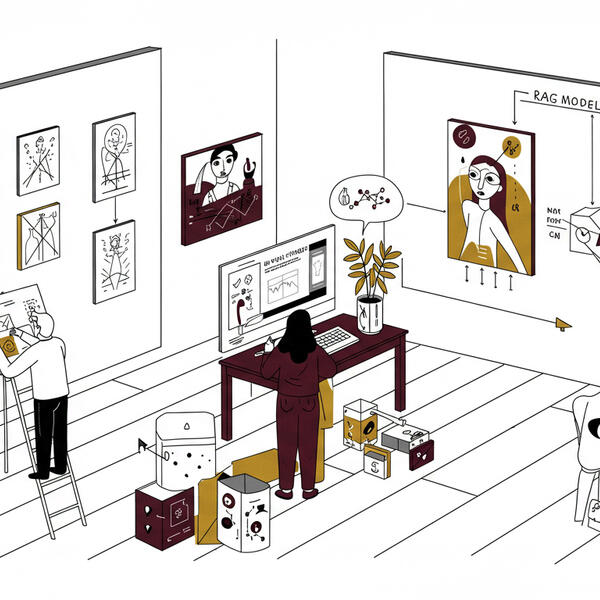 Illustration of metaphorical builders of chatbots and rag parameter customization