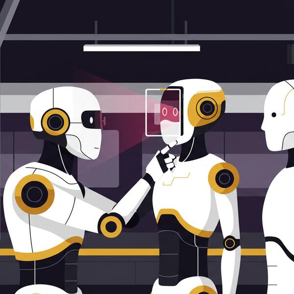 illustrate an robot evaluating another android with some a head scanner in a flat illustration style. Colors: white, black, with some gold and maroon for accents. Context: Train station