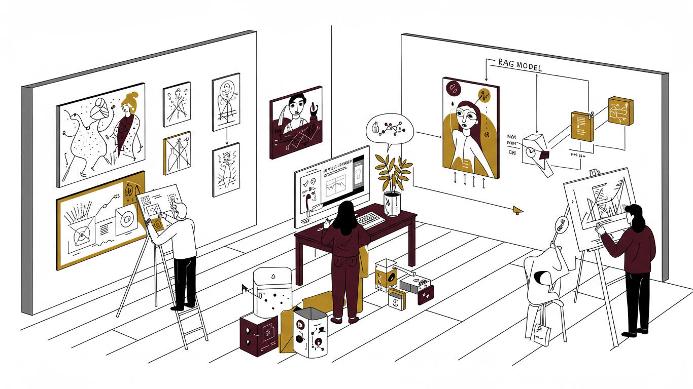 Illustration of metaphorical builders of chatbots and rag parameter customization