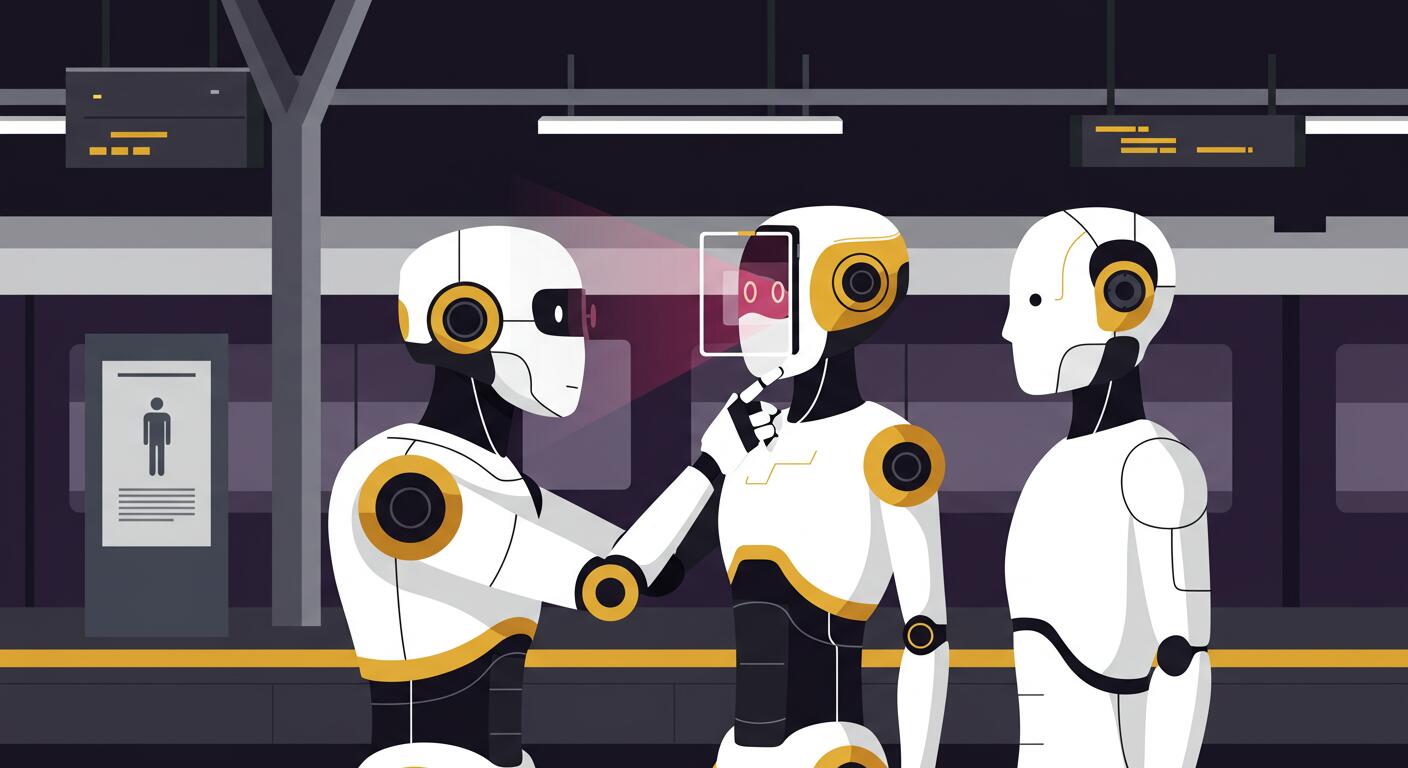 illustrate an robot evaluating another android with some a head scanner in a flat illustration style. Colors: white, black, with some gold and maroon for accents. Context: Train station