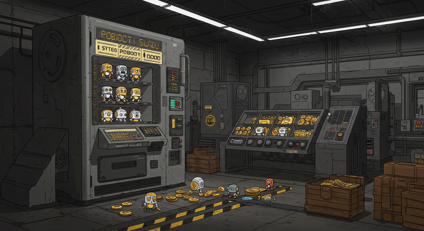 A flat illustration style image of a vending machine that outputs little robots in exchange for tokens. Style: use black and white and light gray as primary colors, with some gold or maroon as accents. context: a factory that builds robots