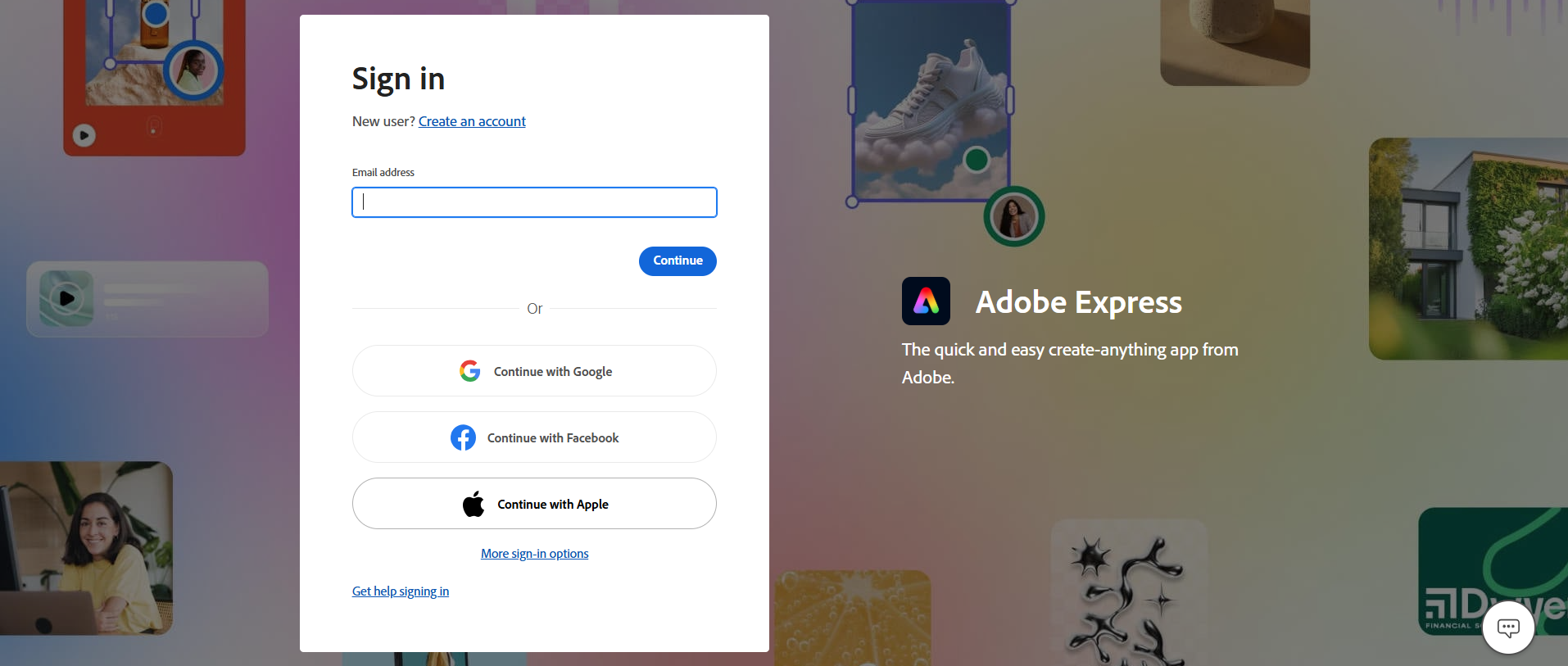 screenshot of Adobe Express sign in page